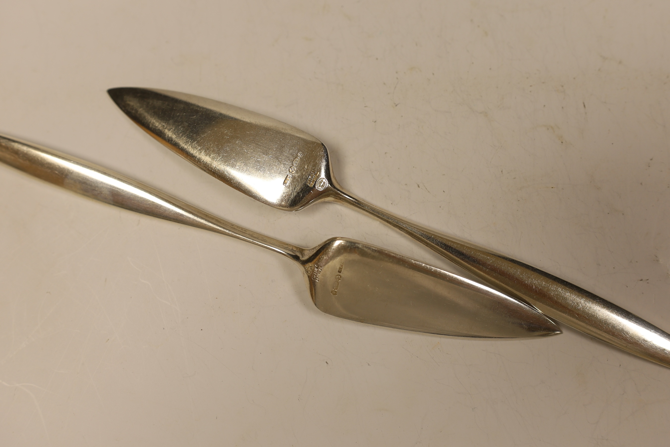 A set of six pairs of 1960's silver fish eaters by Georg Jensen, import marks for London, 1964, knife 19.5cm, 16.5oz.